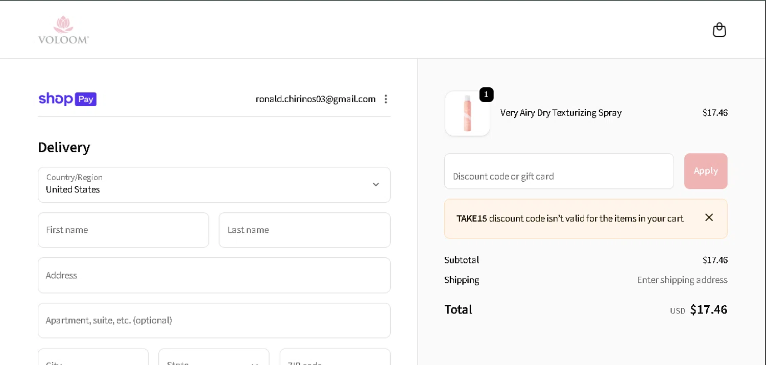 Voloom checkout page showing Voloom discount code box | Screenshot taken by SimplyCodes community member on Jan 11, 2026