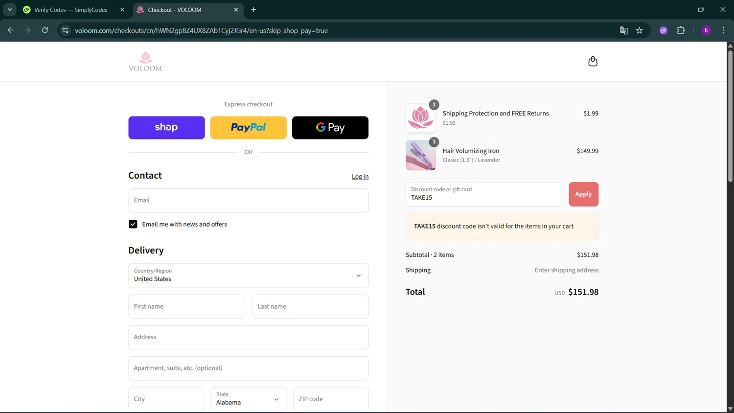 Voloom discount code screenshot showing code TAKE15 applied at Voloom checkout page. Uploaded by SimplyCodes community member RoyalSleuth2430 on Sep 7, 2025