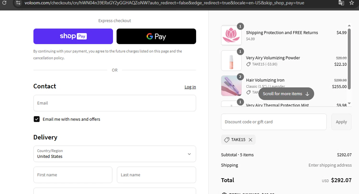 Voloom discount code screenshot showing code TAKE15 applied at Voloom checkout page. Uploaded by SimplyCodes community member javierprez on Jun 30, 2025