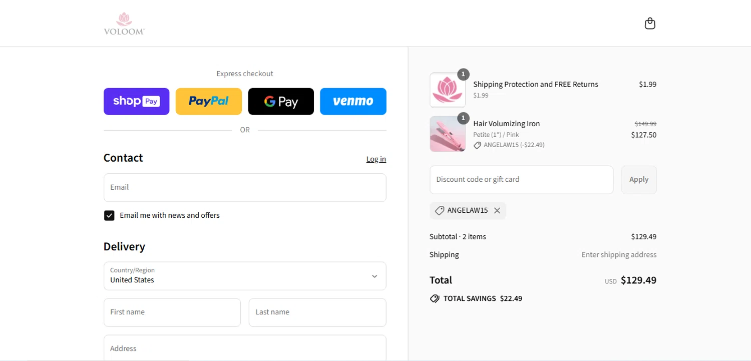 Voloom discount code screenshot showing code ANGELAW15 applied at Voloom checkout page. Uploaded by SimplyCodes community member shark12 on Jul 31, 2025