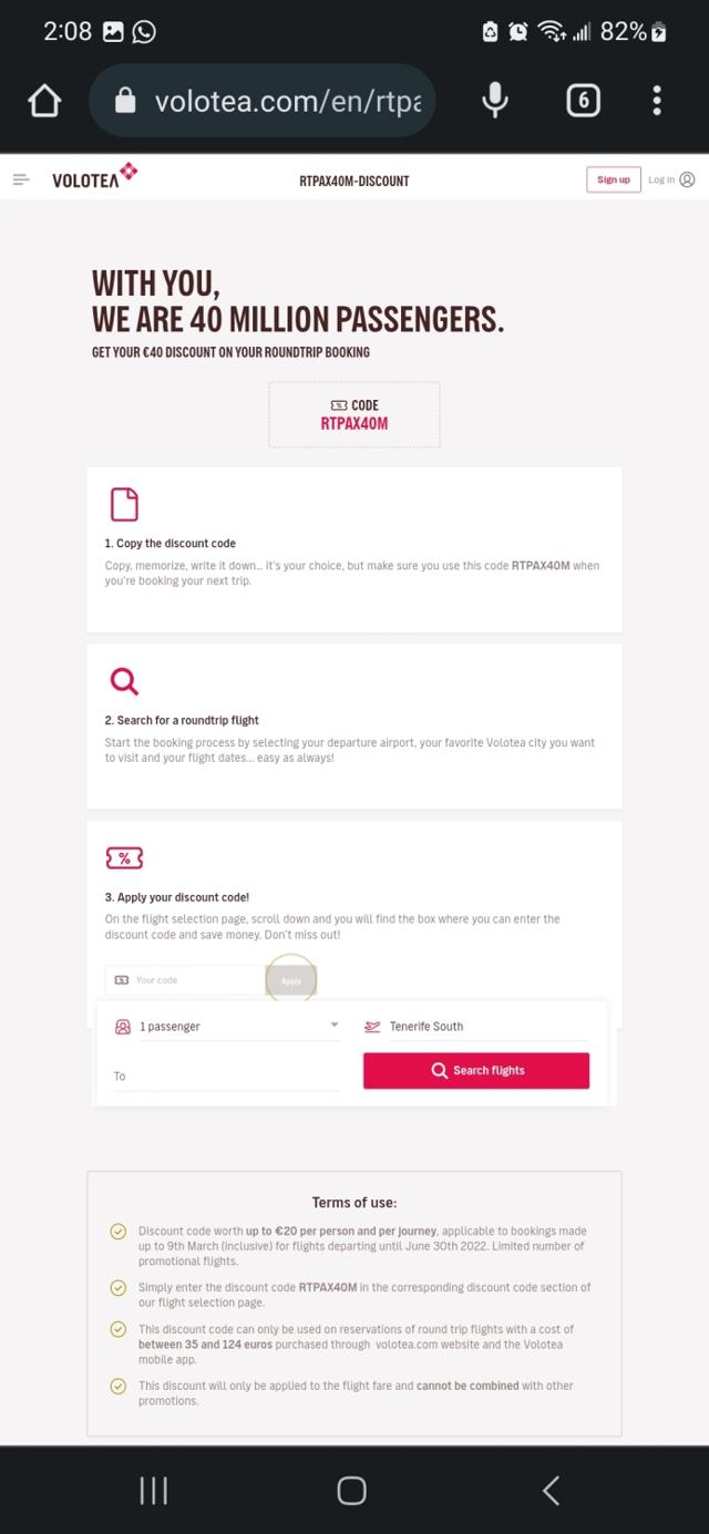 Volotea checkout page showing Volotea discount code box | Screenshot taken by SimplyCodes community member on Apr 5, 2023