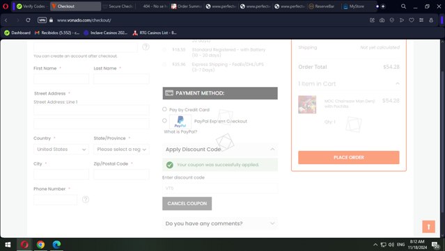 Vonado checkout page showing Vonado coupon code box | Screenshot taken by SimplyCodes community member on Nov 18, 2024