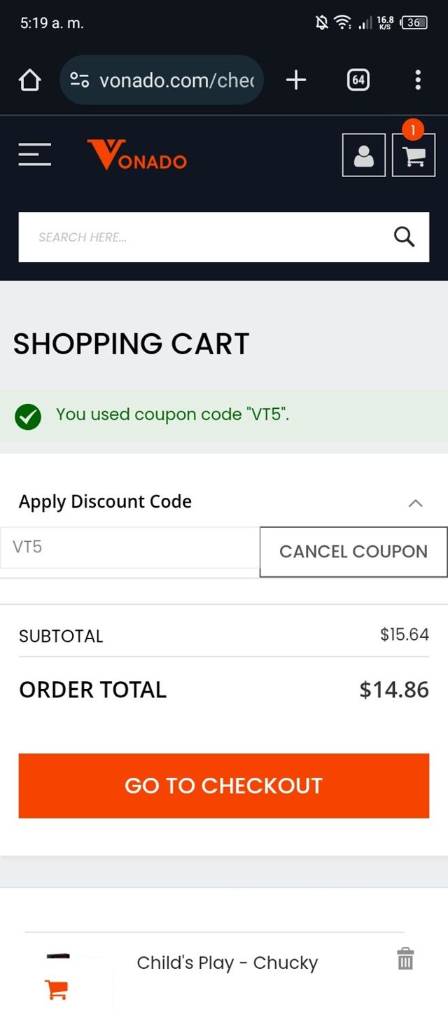 Vonado checkout page showing Vonado coupon code box | Screenshot taken by SimplyCodes community member on May 2, 2024