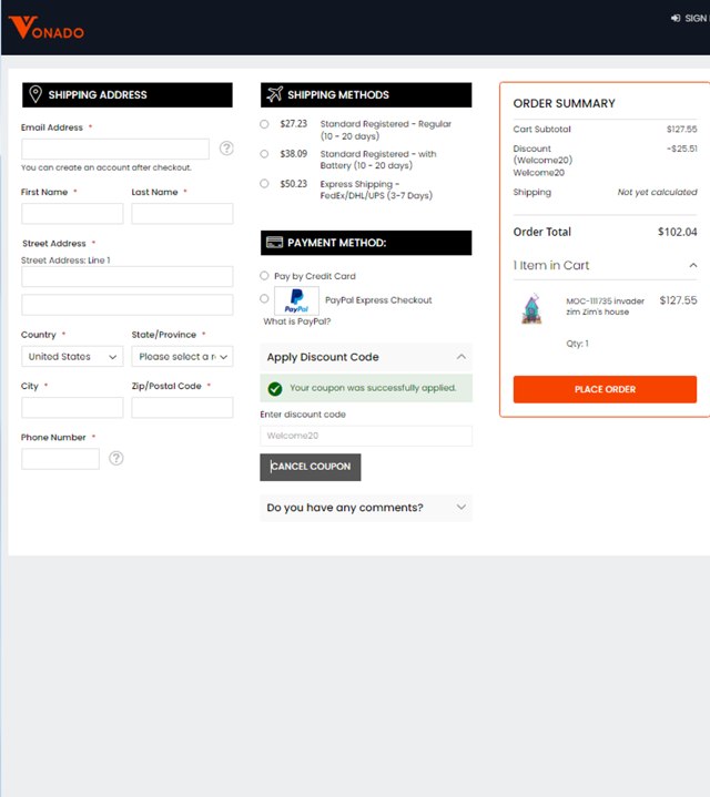 Vonado checkout page showing Vonado coupon code box | Screenshot taken by SimplyCodes community member on Jul 30, 2024