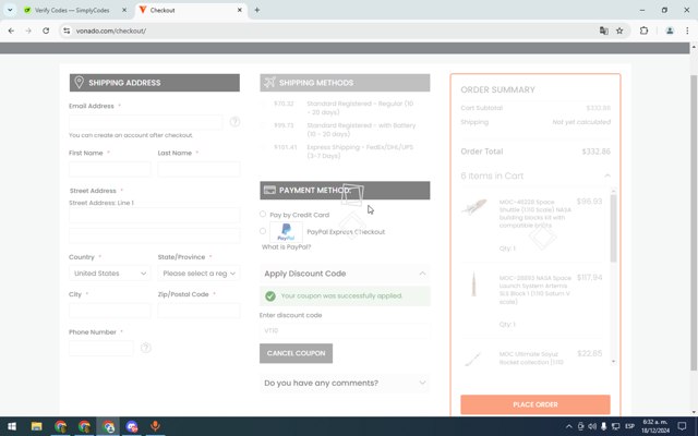 Vonado checkout page showing Vonado coupon code box | Screenshot taken by SimplyCodes community member on Dec 18, 2024