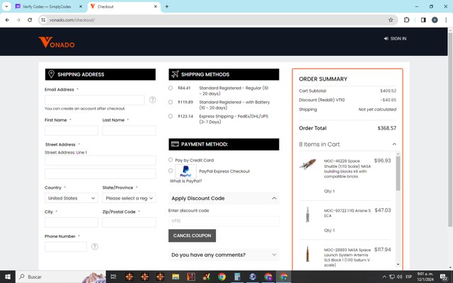 Vonado checkout page showing Vonado coupon code box | Screenshot taken by SimplyCodes community member on Jan 12, 2024