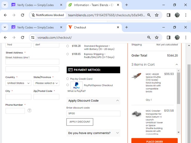 Vonado checkout page showing Vonado coupon code box | Screenshot taken by SimplyCodes community member on Dec 21, 2023