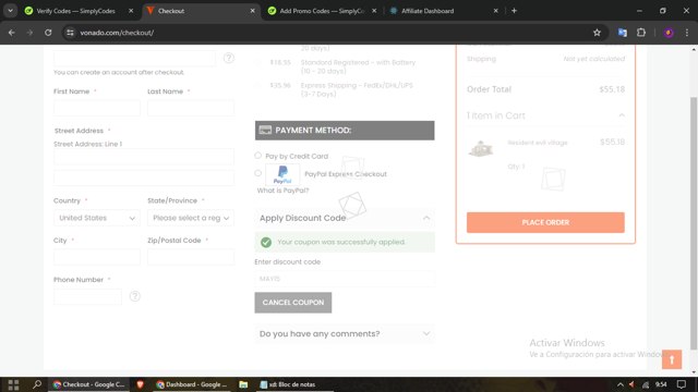 Vonado checkout page showing Vonado coupon code box | Screenshot taken by SimplyCodes community member on May 27, 2024