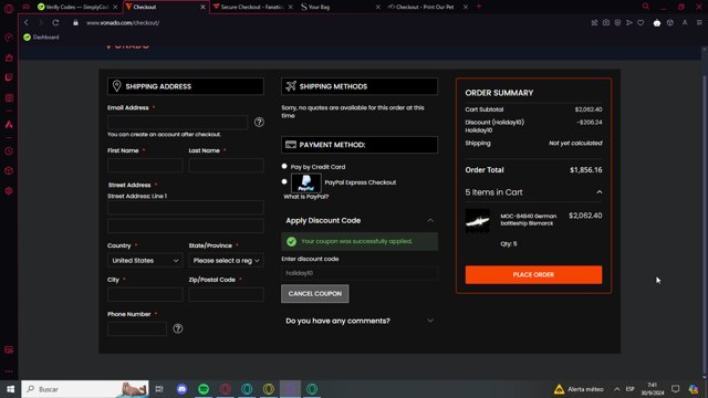 Vonado checkout page showing Vonado coupon code box | Screenshot taken by SimplyCodes community member on Sep 30, 2024