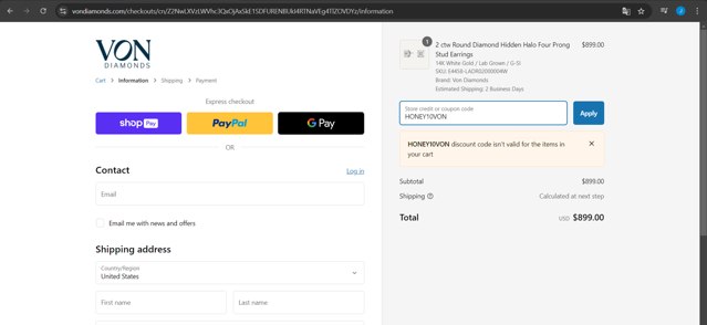 Von Diamonds checkout page showing Von Diamonds coupon code box | Screenshot taken by SimplyCodes community member on Oct 24, 2024