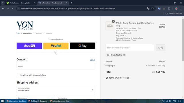 Von Diamonds checkout page showing Von Diamonds coupon code box | Screenshot taken by SimplyCodes community member on Sep 25, 2024