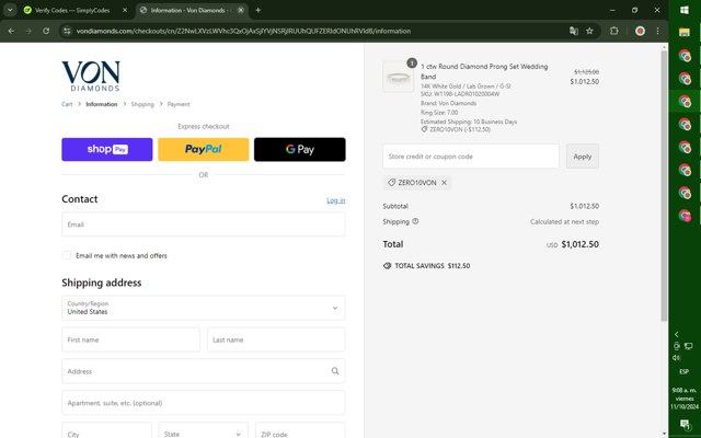 Von Diamonds checkout page showing Von Diamonds coupon code box | Screenshot taken by SimplyCodes community member on Oct 11, 2024
