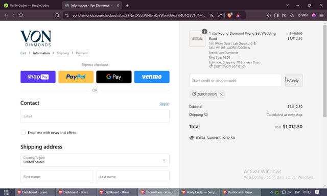 Von Diamonds checkout page showing Von Diamonds coupon code box | Screenshot taken by SimplyCodes community member on Oct 28, 2024