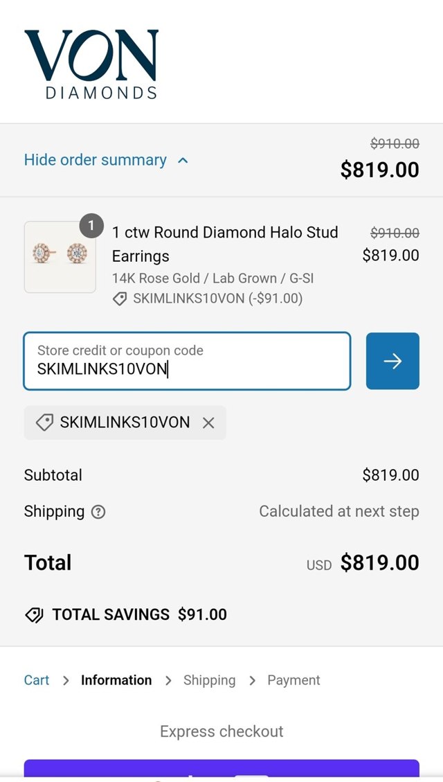 Von Diamonds checkout page showing Von Diamonds coupon code box | Screenshot taken by SimplyCodes community member on Oct 25, 2024