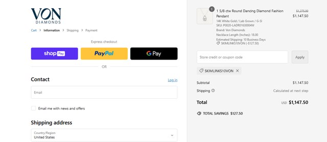 Von Diamonds checkout page showing Von Diamonds coupon code box | Screenshot taken by SimplyCodes community member on Nov 23, 2024