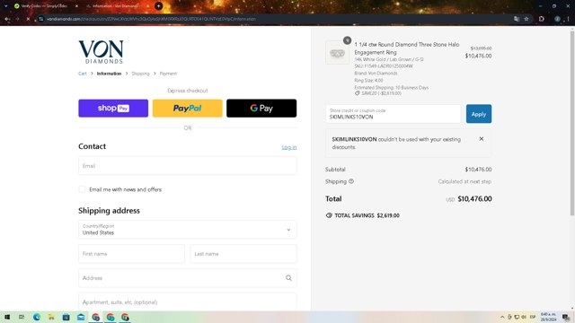 Von Diamonds checkout page showing Von Diamonds coupon code box | Screenshot taken by SimplyCodes community member on Sep 28, 2024