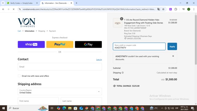 Von Diamonds checkout page showing Von Diamonds coupon code box | Screenshot taken by SimplyCodes community member on Jan 21, 2025