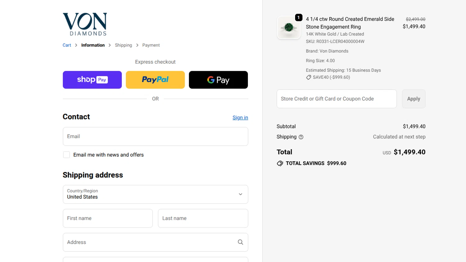 Von Diamonds promo code screenshot showing code save40 applied at Von Diamonds checkout page. Uploaded by SimplyCodes community member reimalave10 on Jan 11, 2026