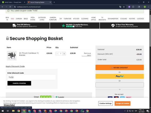 VonHaus checkout page showing VonHaus discount code box | Screenshot taken by SimplyCodes community member on Jul 25, 2025