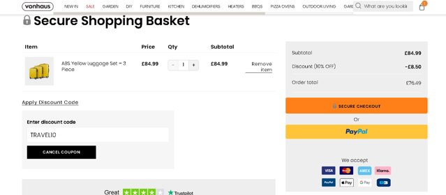 VonHaus checkout page showing VonHaus discount code box | Screenshot taken by SimplyCodes community member on Aug 30, 2025