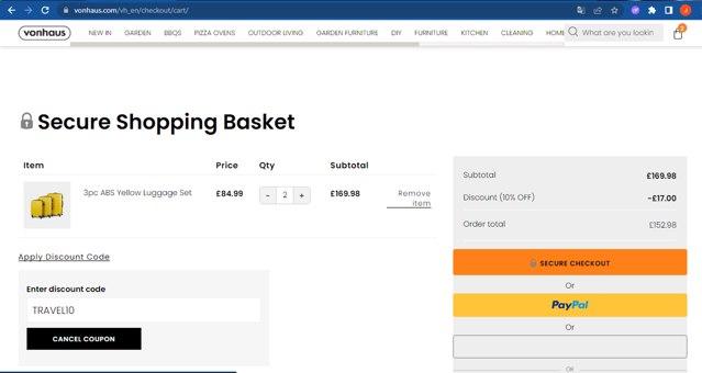 VonHaus checkout page showing VonHaus discount code box | Screenshot taken by SimplyCodes community member on Aug 1, 2025
