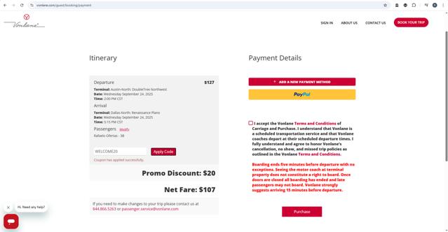 Vonlane checkout page showing Vonlane promo code box | Screenshot taken by SimplyCodes community member on Sep 3, 2025