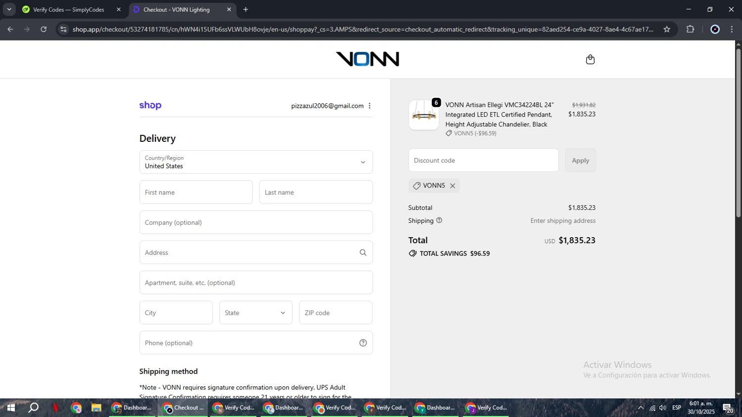 VONN promo code screenshot showing code VONN5 applied at VONN checkout page. Uploaded by SimplyCodes community member RoyalBoss4384 on Oct 30, 2025