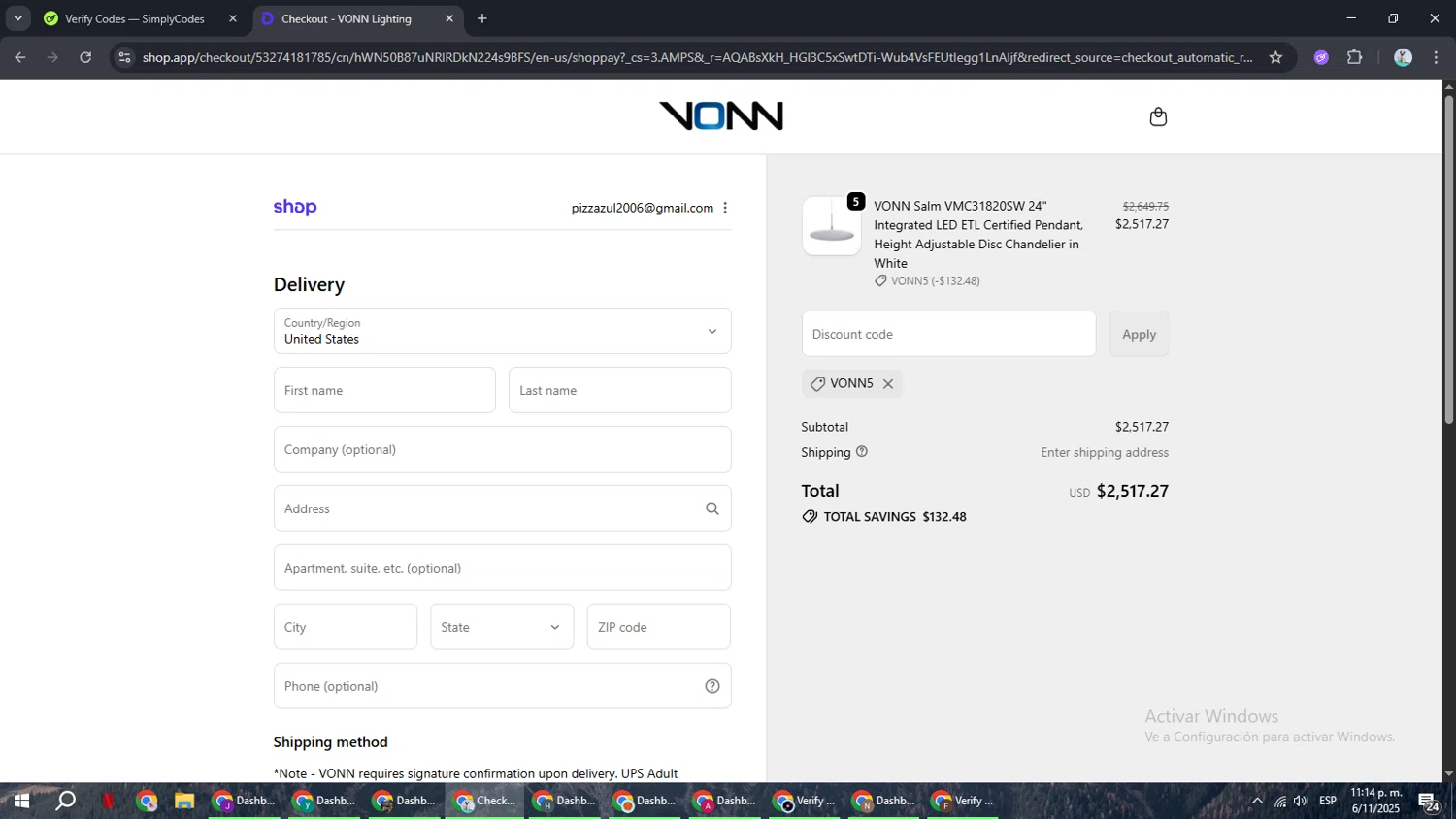 VONN promo code screenshot showing code VONN5 applied at VONN checkout page. Uploaded by SimplyCodes community member ShrewdSeeker6165 on Nov 7, 2025