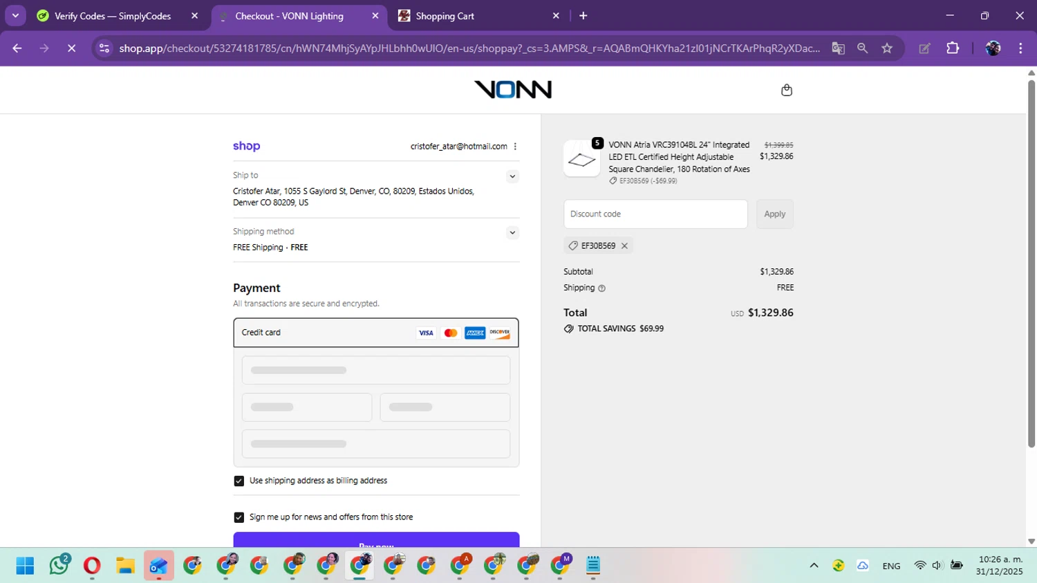 VONN checkout page showing VONN promo code box | Screenshot taken by SimplyCodes community member on Dec 31, 2025