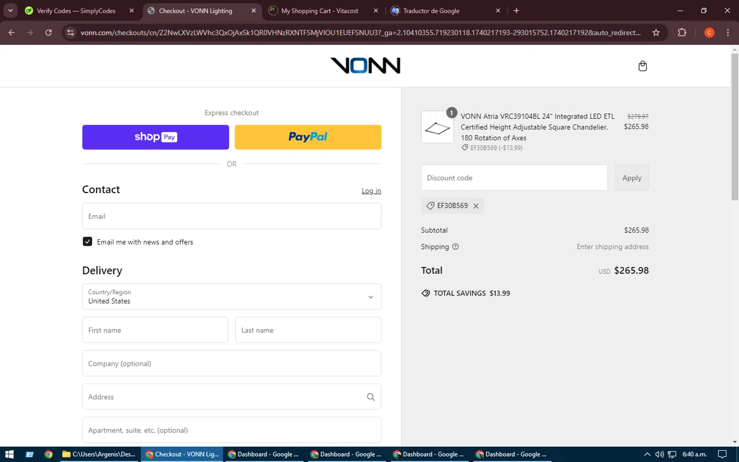 VONN promo code screenshot showing code EF30B569 applied at VONN checkout page. Uploaded by SimplyCodes community member RoyalHawk6408 on Feb 22, 2025