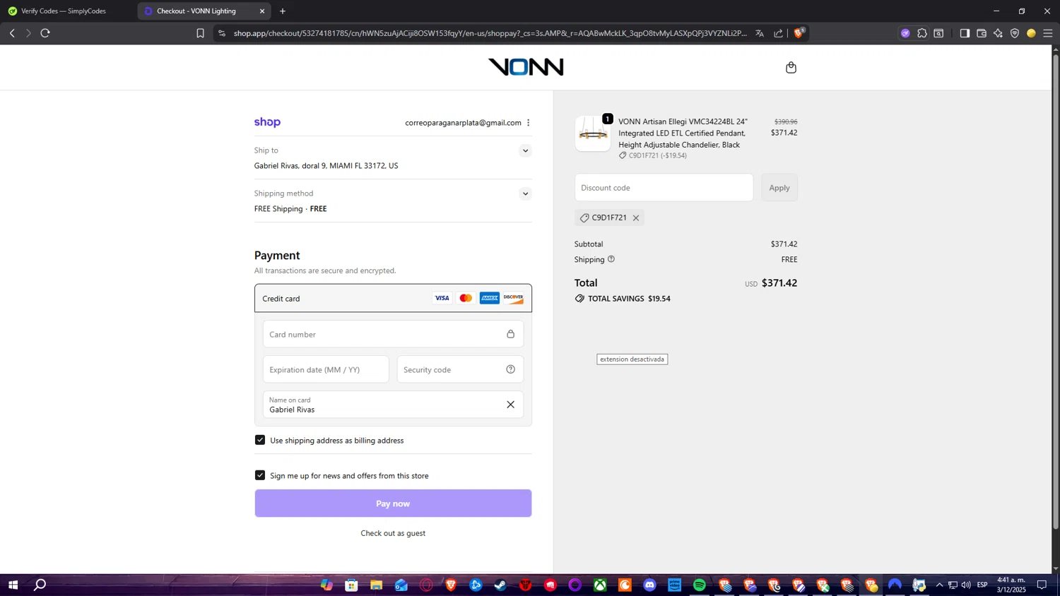 VONN promo code screenshot showing code C9D1F721 applied at VONN checkout page. Uploaded by SimplyCodes community member RickelHumilde on Dec 3, 2025