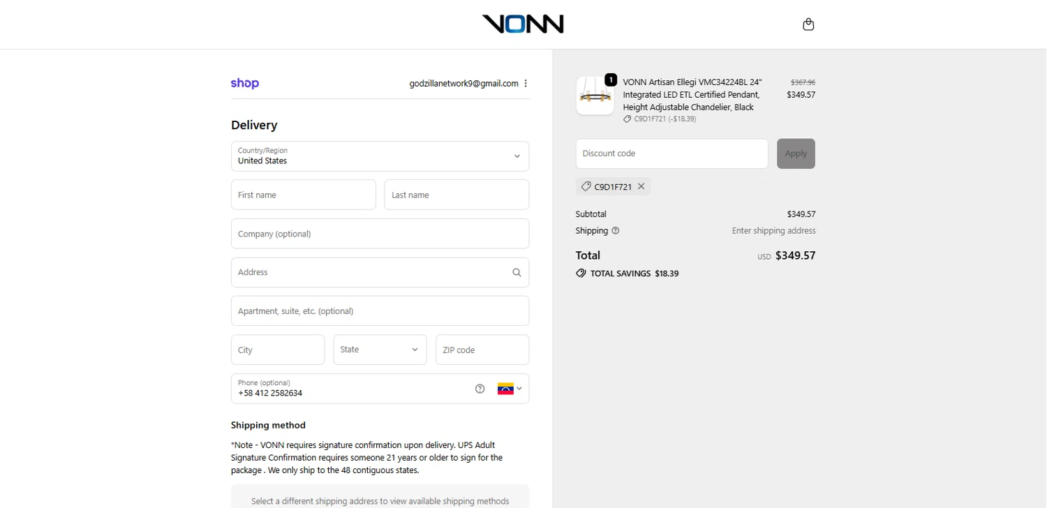 VONN promo code screenshot showing code C9D1F721 applied at VONN checkout page. Uploaded by SimplyCodes community member dimitriv on Oct 9, 2025