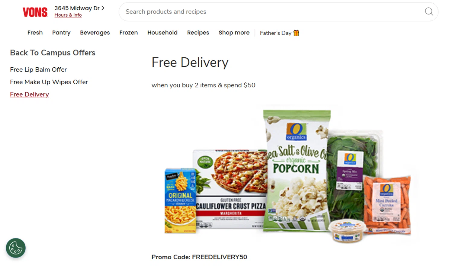 Vons promo code screenshot showing code FREEDELIVERY50 applied at Vons checkout page. Uploaded by SimplyCodes community member PaulSkenes on Jun 20, 2026