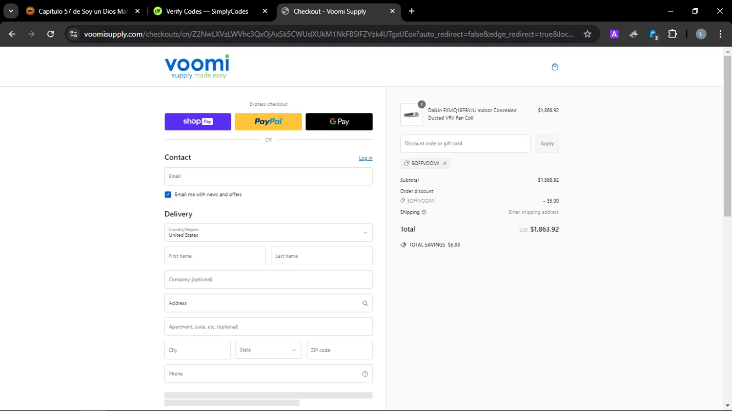 Voomi Supply discount code screenshot showing code 5OFFVOOMI applied at Voomi Supply checkout page. Uploaded by SimplyCodes community member JuanChi on Mar 2, 2025