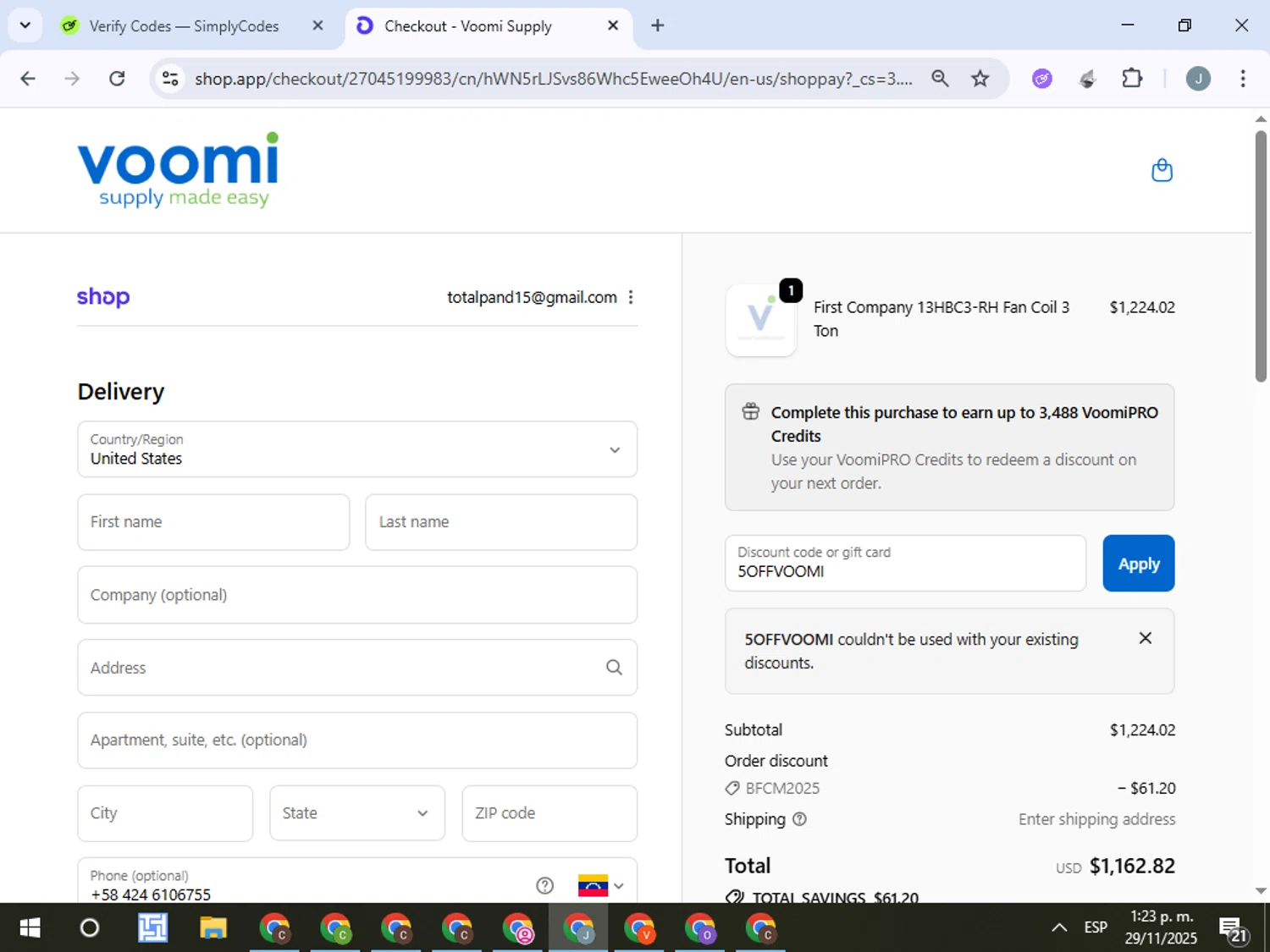Voomi Supply discount code screenshot showing code 5OFFVOOMI applied at Voomi Supply checkout page. Uploaded by SimplyCodes community member ValueTracker8384 on Nov 29, 2025