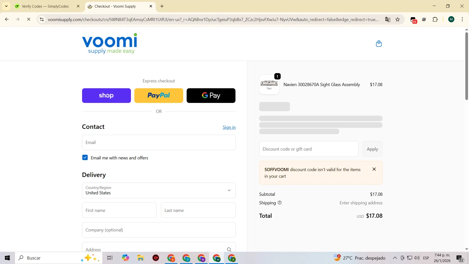 Voomi Supply checkout page showing Voomi Supply discount code box | Screenshot taken by SimplyCodes community member on Jan 26, 2026