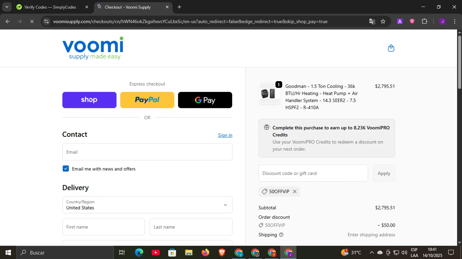 Voomi Supply discount code screenshot showing code 50OFFVIP applied at Voomi Supply checkout page. Uploaded by SimplyCodes community member DiscountLegend6670 on Oct 14, 2025