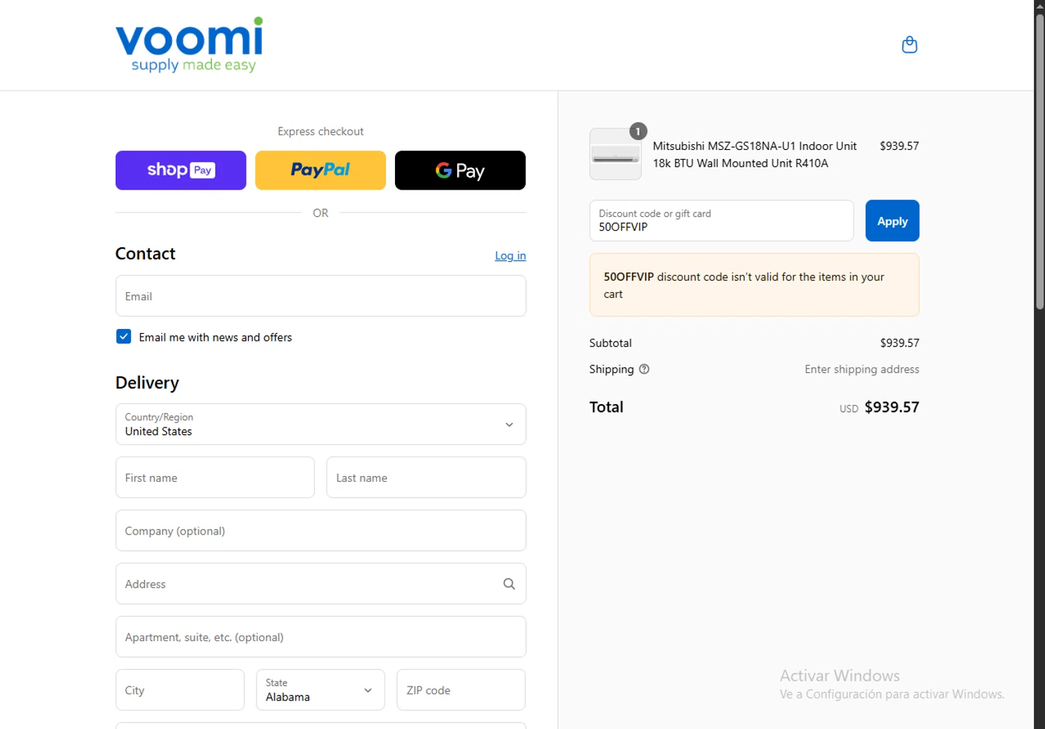 Voomi Supply discount code screenshot showing code 50OFFVIP applied at Voomi Supply checkout page. Uploaded by SimplyCodes community member SwiftPhoenix267 on Jul 18, 2025