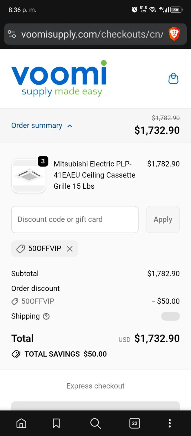 Voomi Supply discount code screenshot showing code 50OFFVIP applied at Voomi Supply checkout page. Uploaded by SimplyCodes community member usermariee on Nov 26, 2025