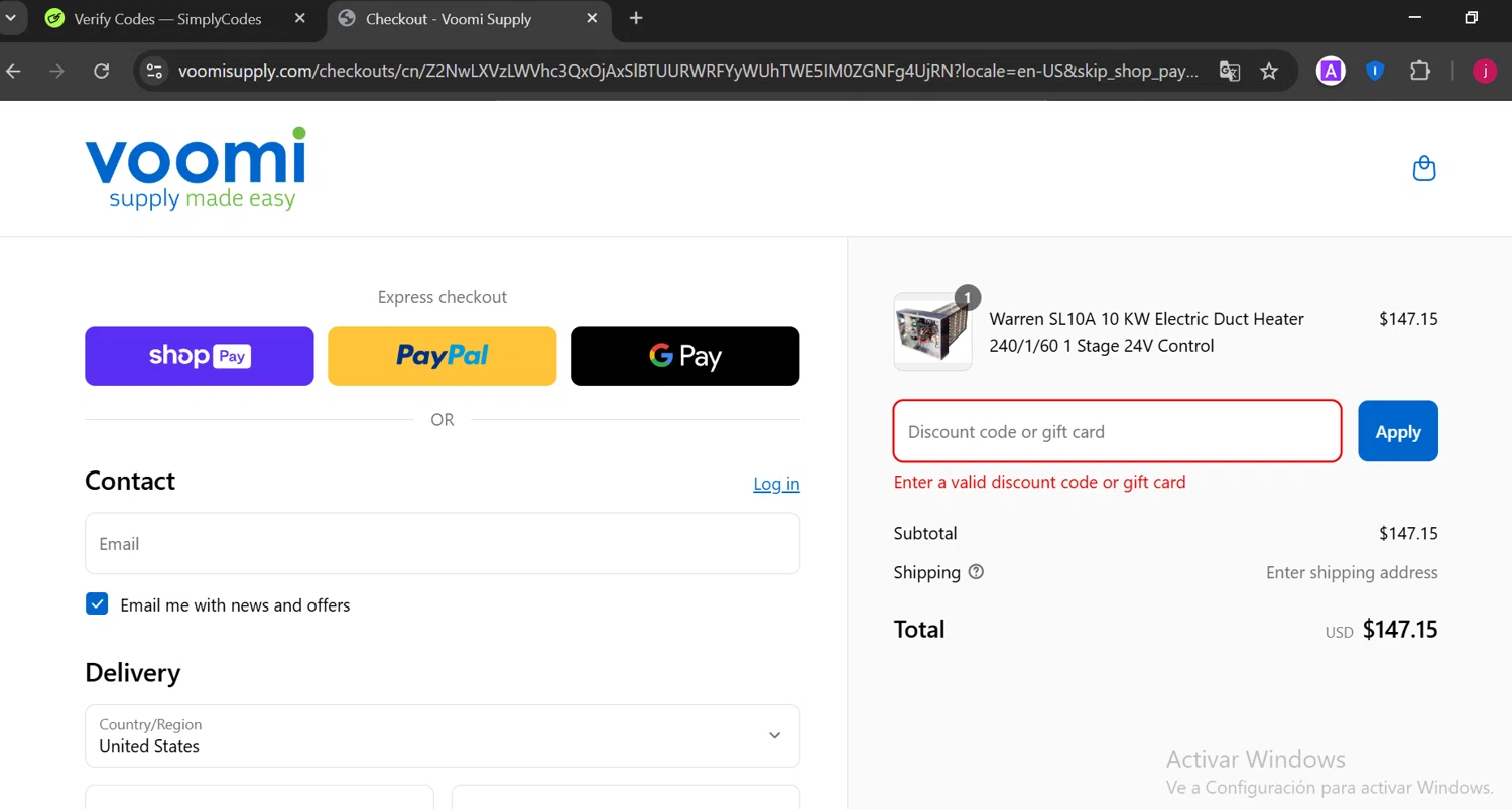 Voomi Supply discount code screenshot showing code 5OFFFEB25 applied at Voomi Supply checkout page. Uploaded by SimplyCodes community member DiaCritics on Mar 20, 2025