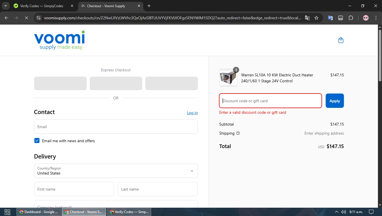Voomi Supply discount code screenshot showing code 5OFFFEB25 applied at Voomi Supply checkout page. Uploaded by SimplyCodes community member TEAMSimplyCodes on Mar 20, 2025