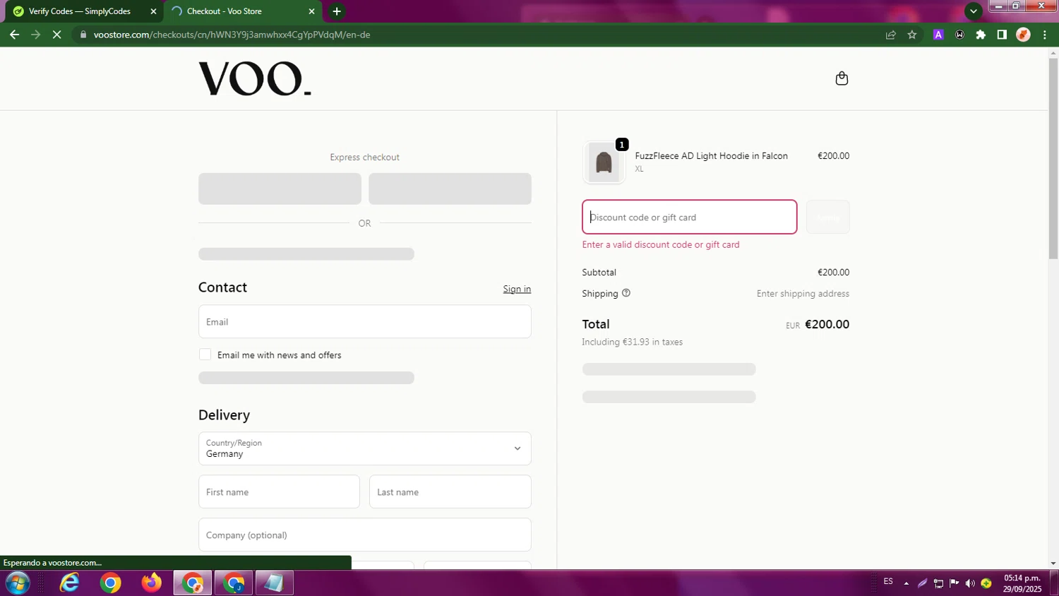 Voo Store promo code screenshot showing code EXTRA10 applied at Voo Store checkout page. Uploaded by SimplyCodes community member LegendaryBoss7060 on Sep 29, 2025