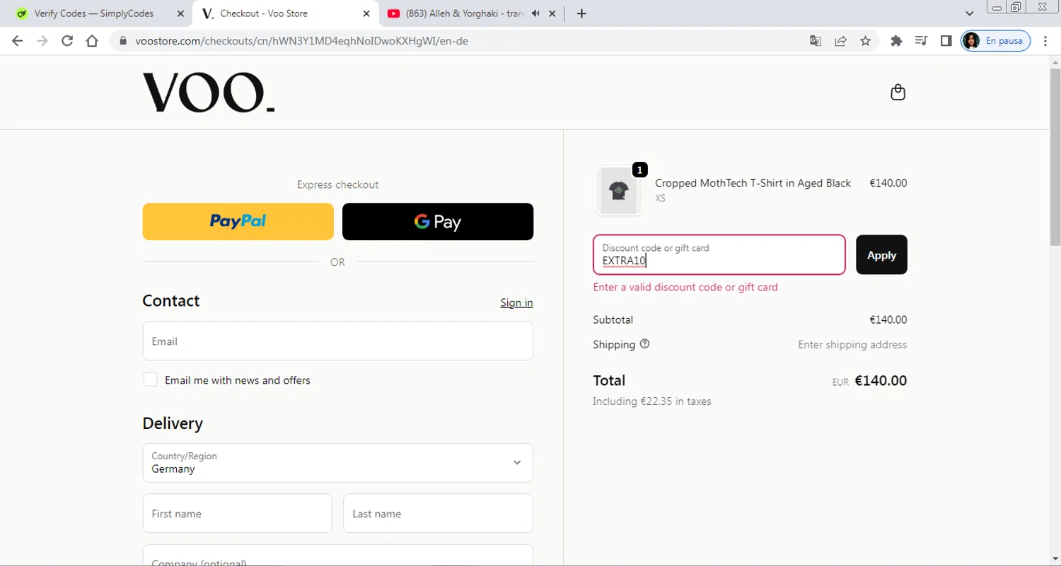 Voo Store promo code screenshot showing code EXTRA10 applied at Voo Store checkout page. Uploaded by SimplyCodes community member PrimeAdmiral8733 on Sep 29, 2025