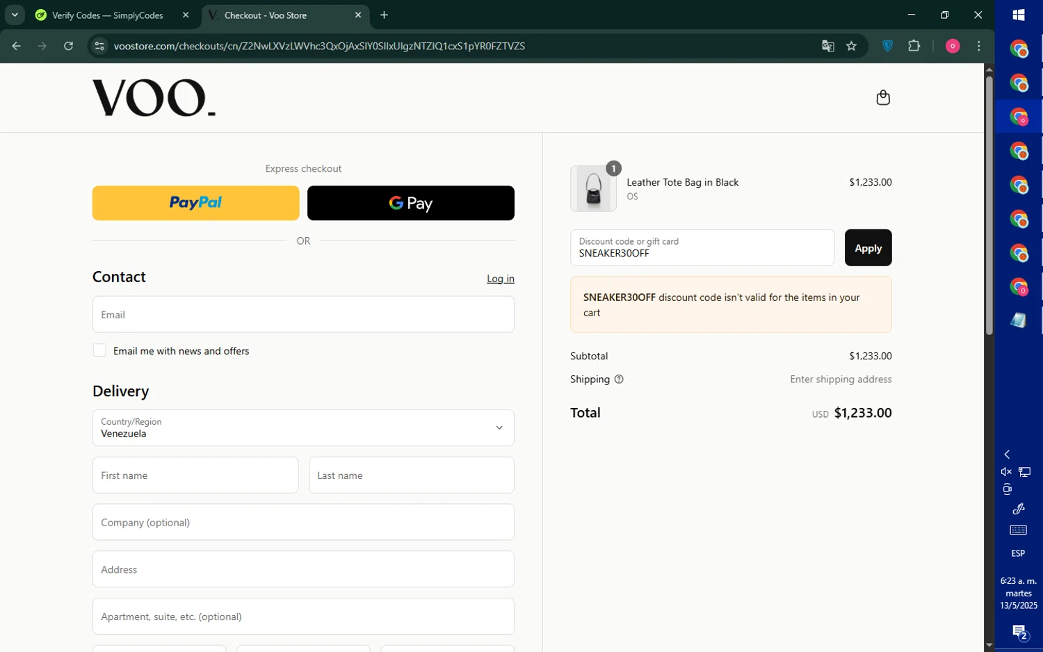 Voo Store promo code screenshot showing code SNEAKER30OFF applied at Voo Store checkout page. Uploaded by SimplyCodes community member RebateNavigator926 on May 13, 2025