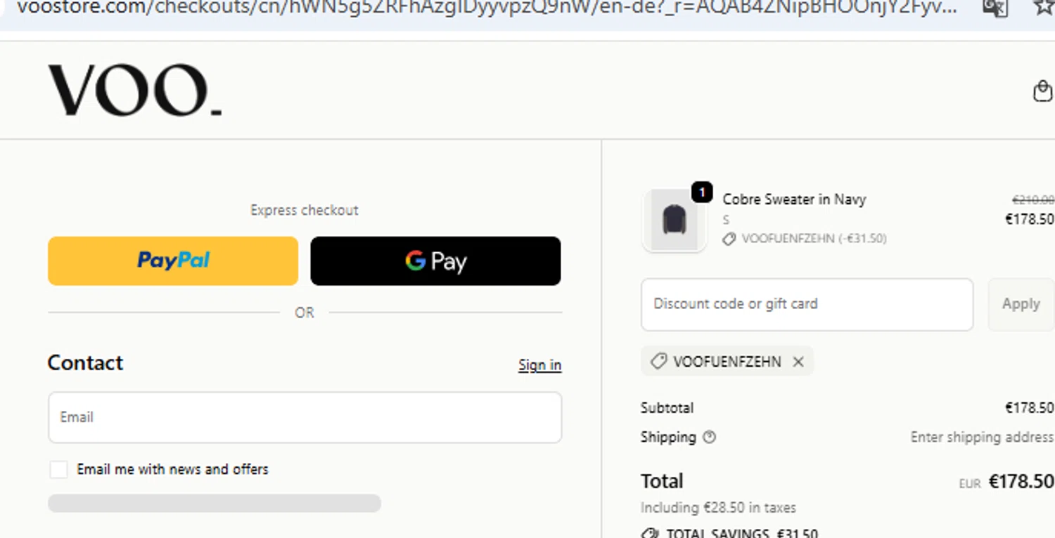 Voo Store checkout page showing Voo Store promo code box | Screenshot taken by SimplyCodes community member on Nov 24, 2025