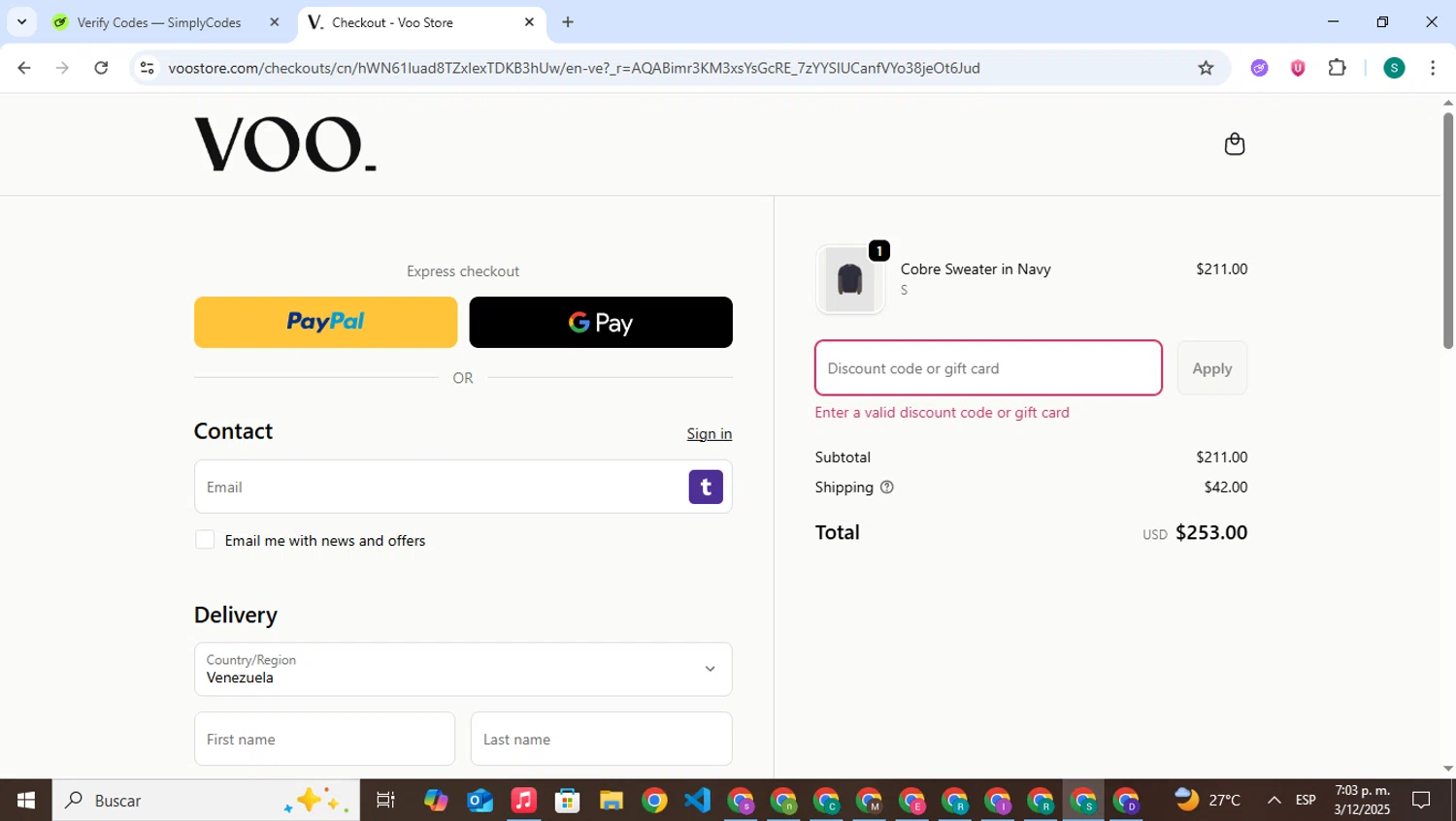 Voo Store promo code screenshot showing code VOOFUENFZEHN applied at Voo Store checkout page. Uploaded by SimplyCodes community member VictoriousPilot5281 on Dec 3, 2025