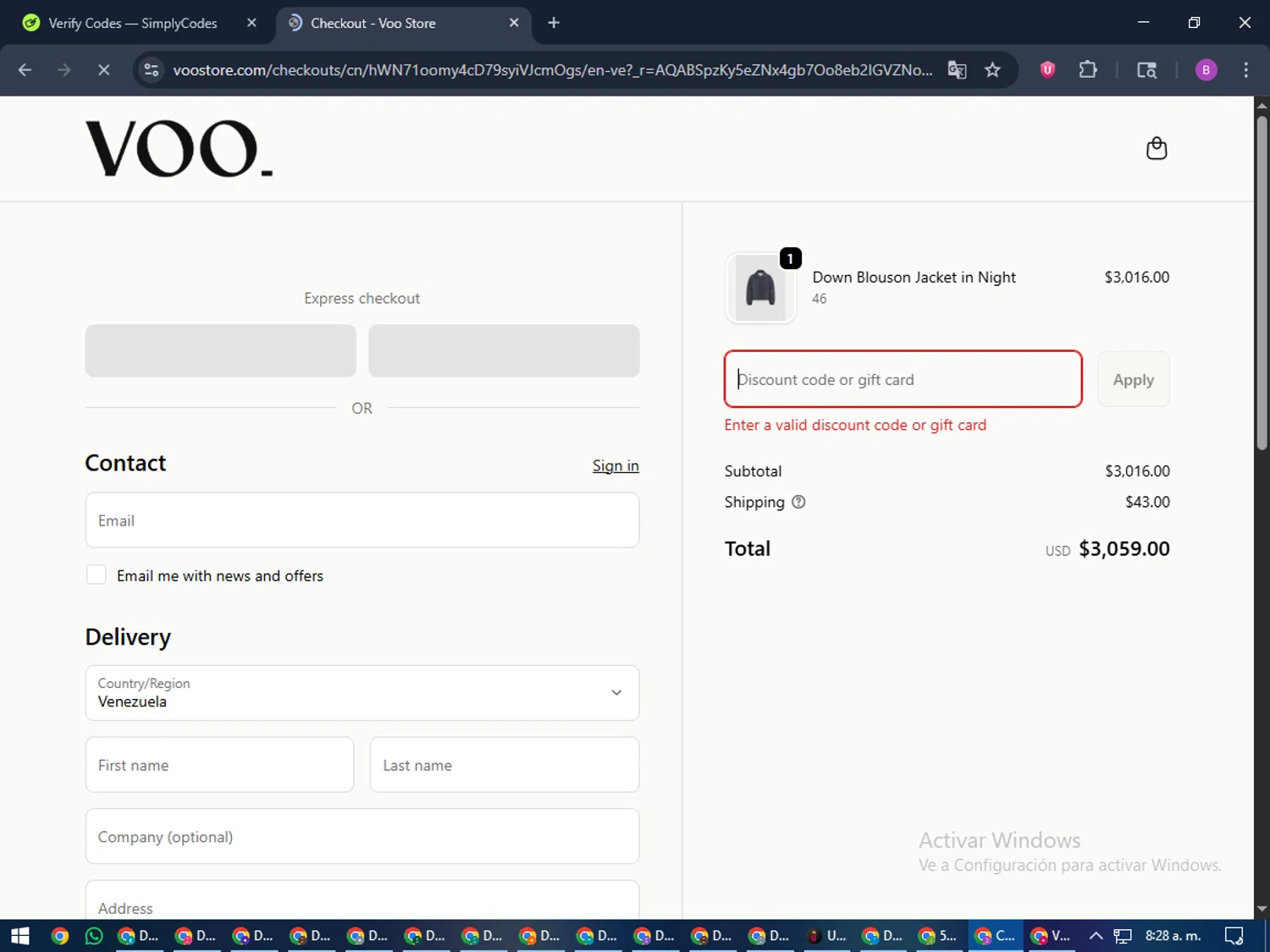 Voo Store promo code screenshot showing code WINTERSALE applied at Voo Store checkout page. Uploaded by SimplyCodes community member travisscott on Dec 30, 2025