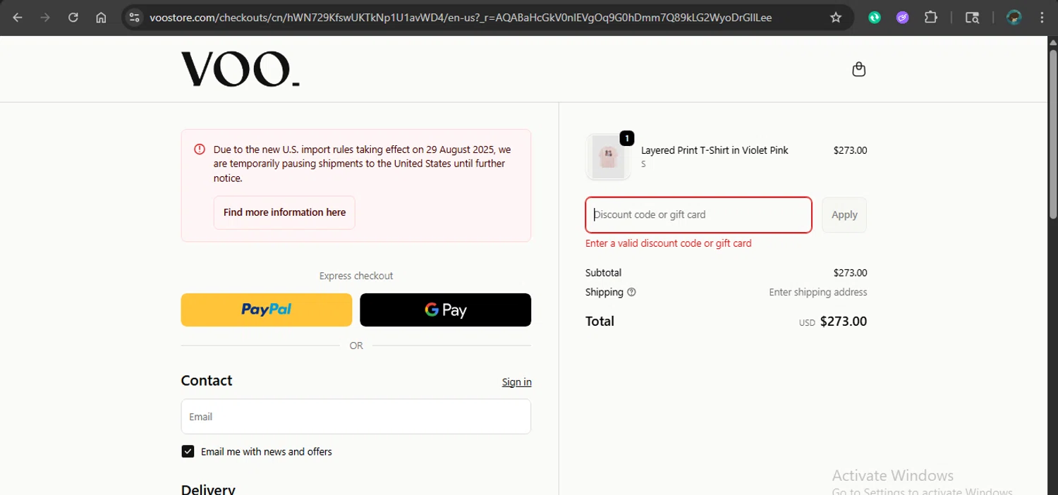 Voo Store promo code screenshot showing code WINTERSALE applied at Voo Store checkout page. Uploaded by SimplyCodes community member xAngel on Dec 30, 2025