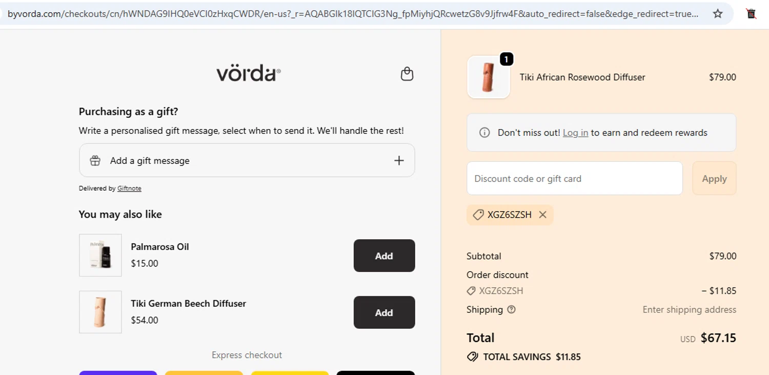 Vorda promo code screenshot showing code XGZ6SZSH applied at Vorda checkout page. Uploaded by SimplyCodes community member EMILIANOMASABE on Jun 10, 2026