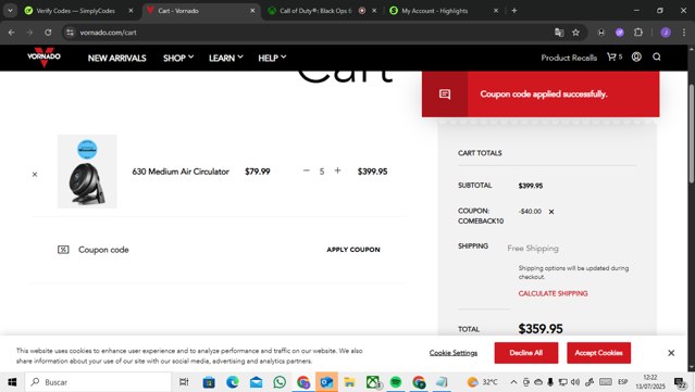 Vornado checkout page showing Vornado coupon code box | Screenshot taken by SimplyCodes community member on Jul 13, 2025